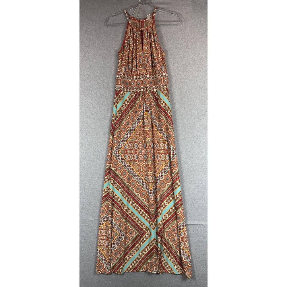 London Times Dress Womens 6 Boho Maxi Sleeveless Halter Geometric Print Summer